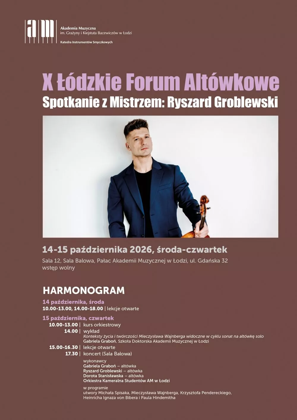 Plakat X Łódzkiego Forum Altówkowego w Akademii Muzycznej w Łodzi