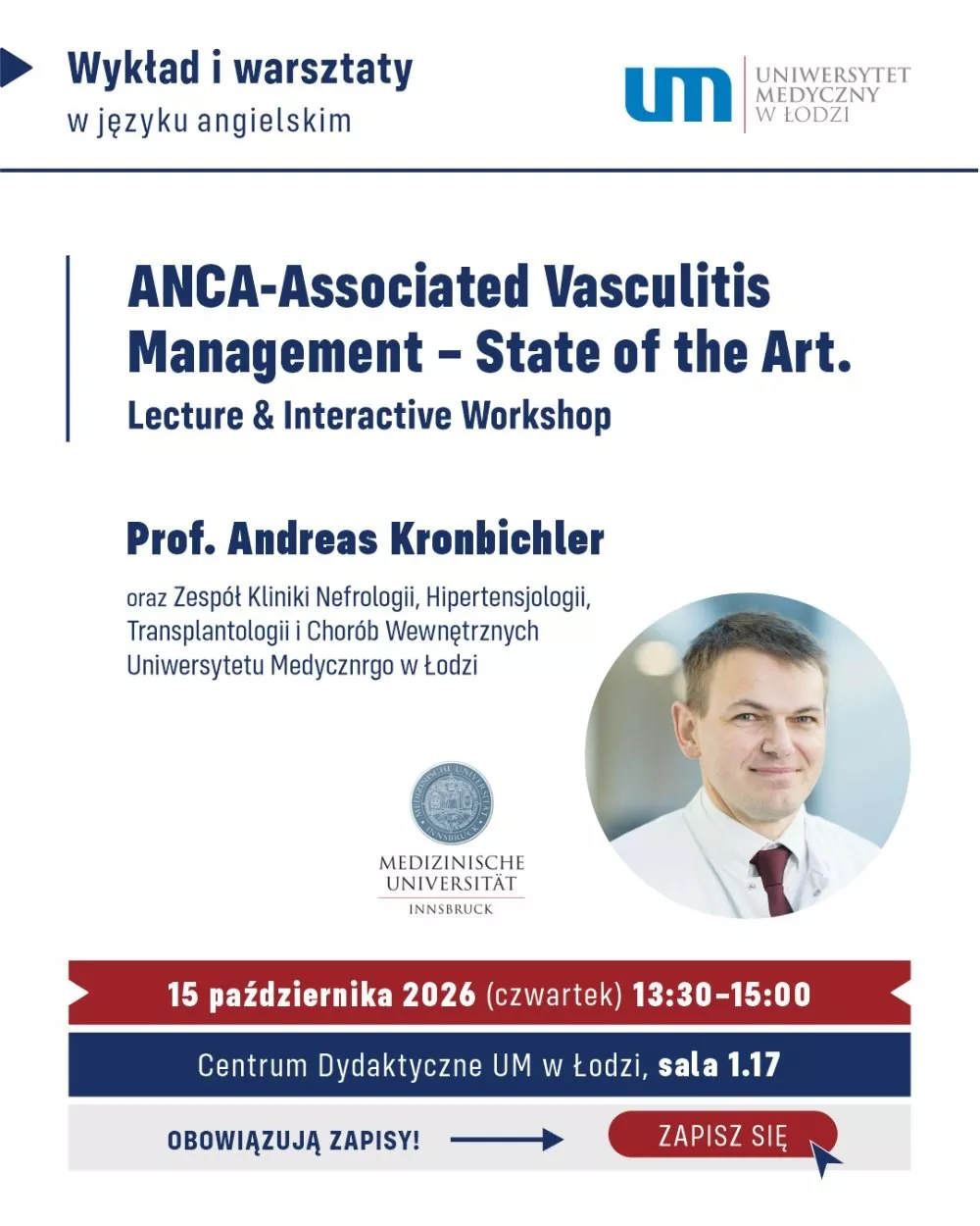 Plakat zapowiadający wykład otwarty prof. Andreasa Kronbichlera na Uniwersytecie Medycznym w Łodzi.