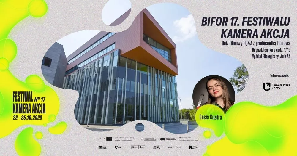 Plakat zapowiadający przedfestiwalowe spotkanie Festiwalu Kamera Akcja na Wydziale Filologicznym UŁ.