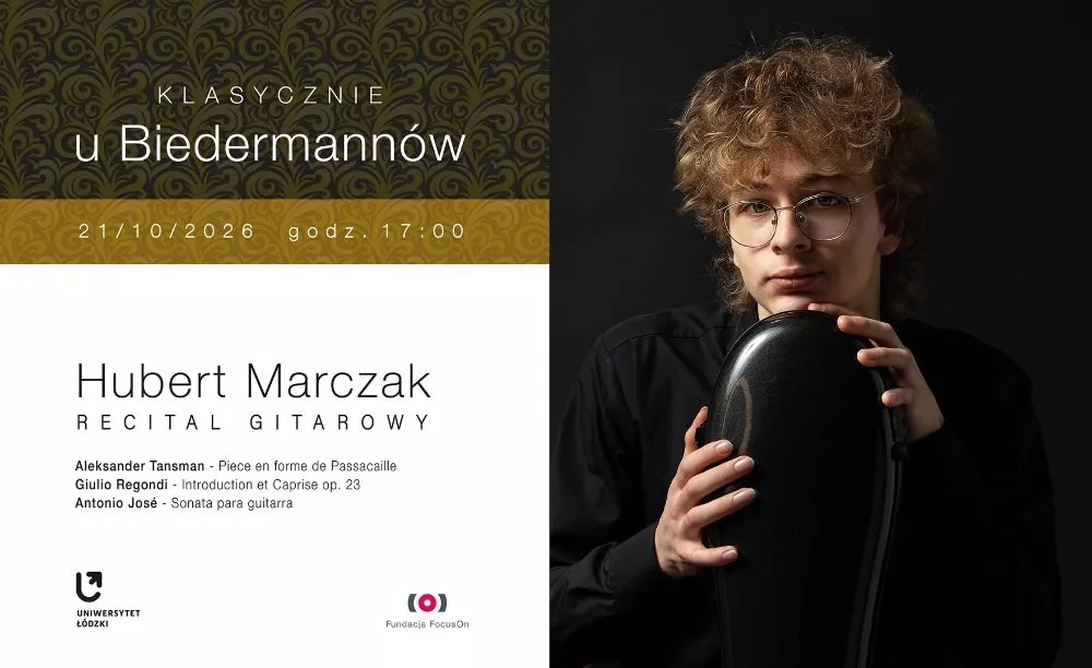 Plakat koncertu z cyklu „Klasycznie u Biedermannów” przedstawiający gitarzystę Huberta Marczaka.